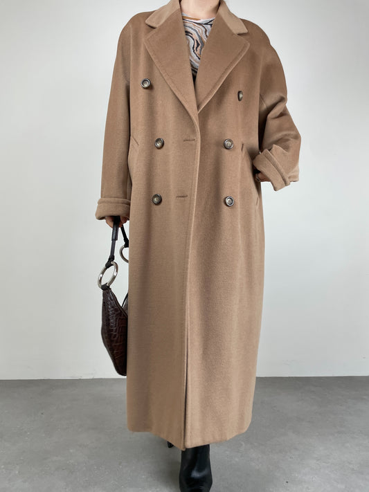 Cappotto vintage cammello in lana, angora e cashmere