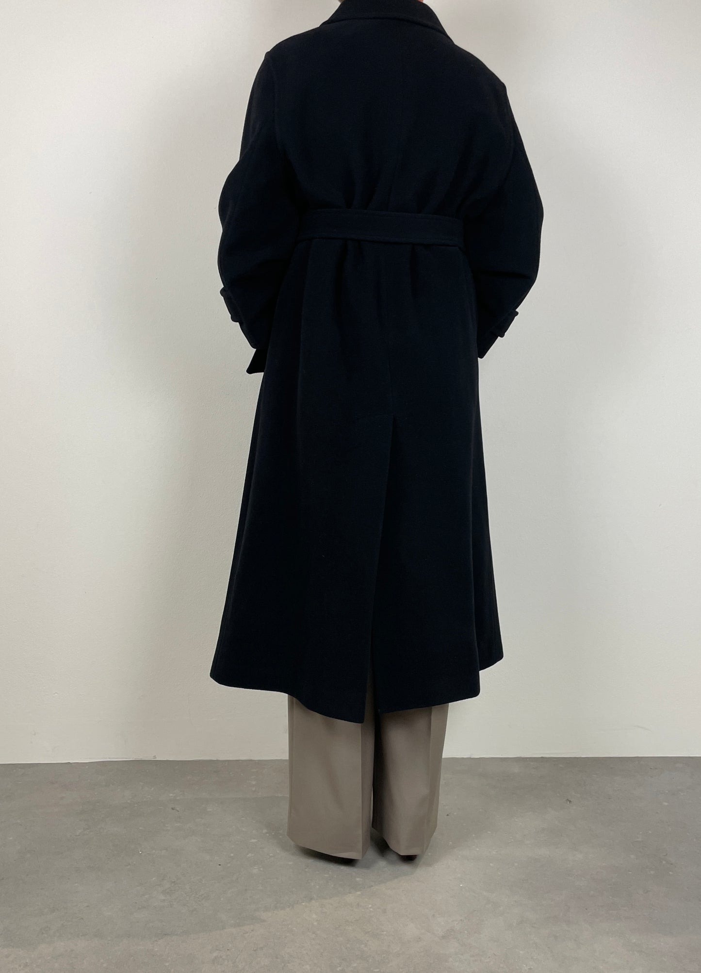 Long black wool coat with belt