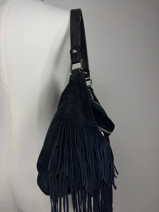 Borsa a spalla in pelle scamosciata blu con frange