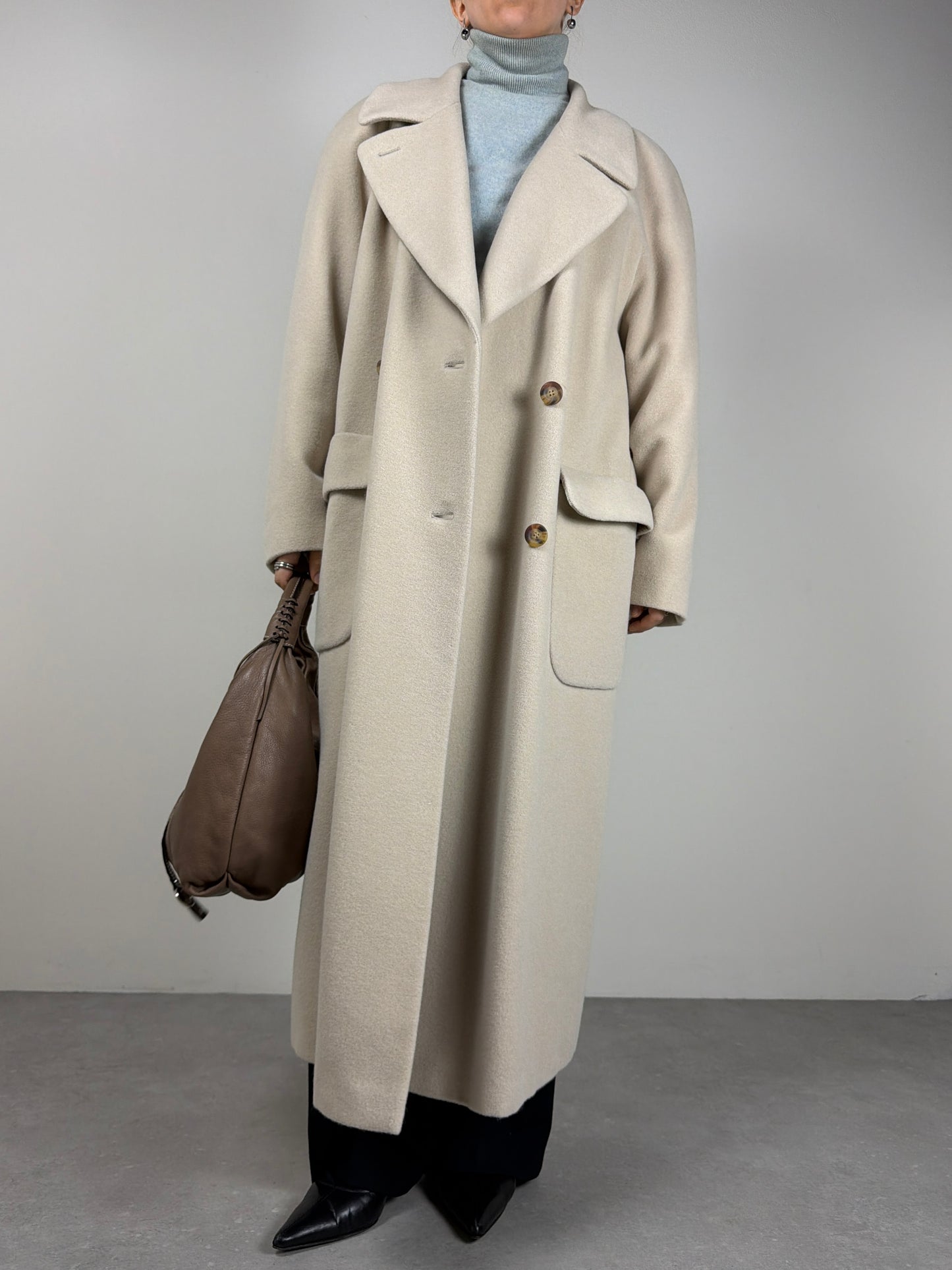 Cappotto lungo panna in lana, angora e cashgora