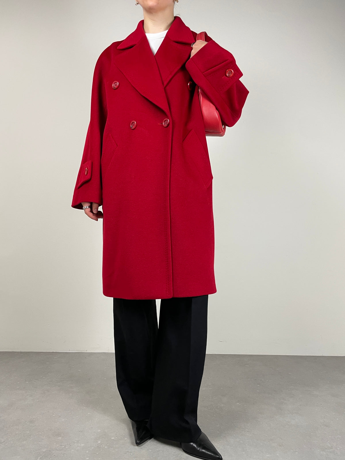 Cappotto rosso in lana, angora e cashmere