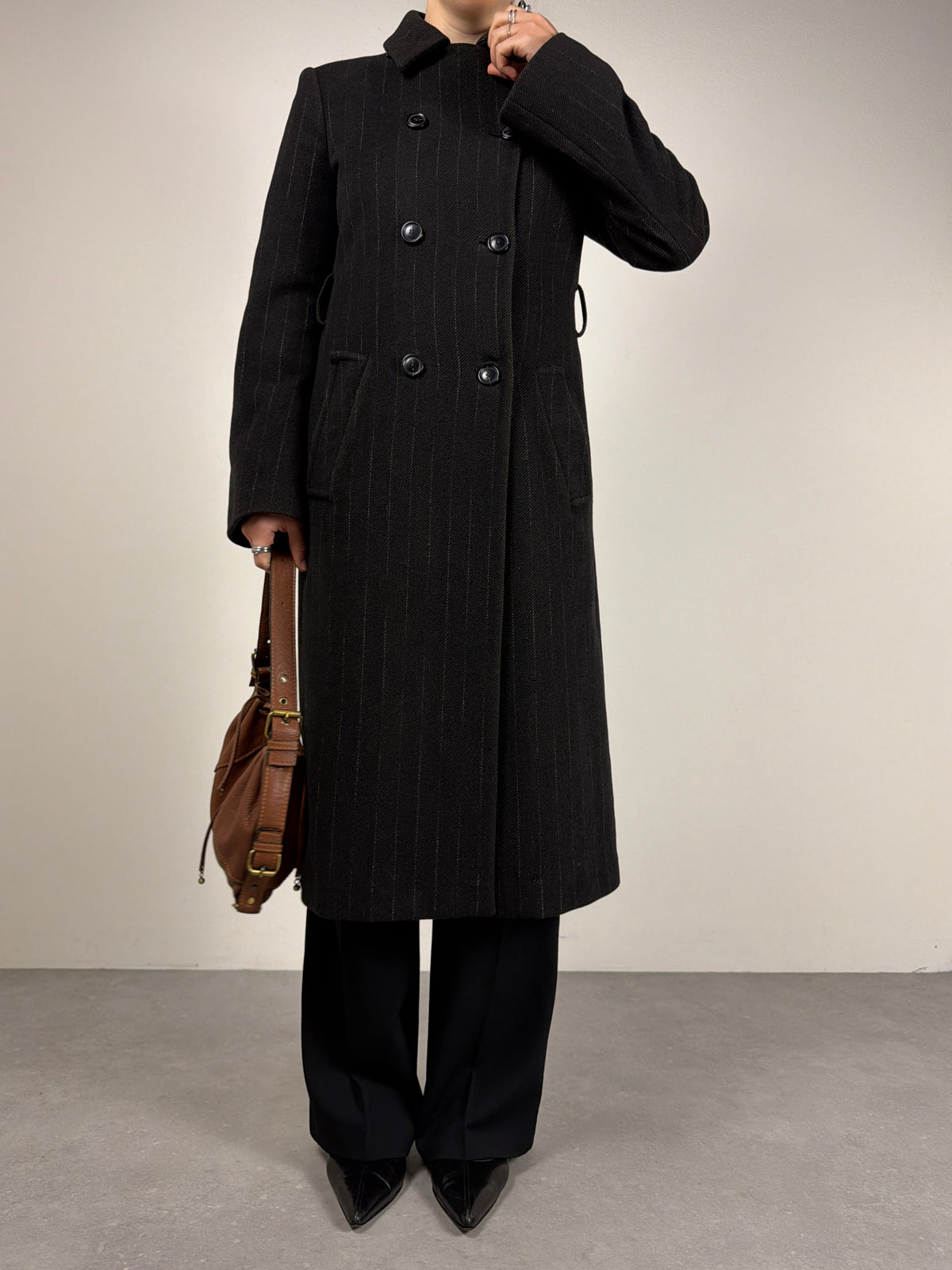 Cappotto gessato in lana e angora made in Italy
