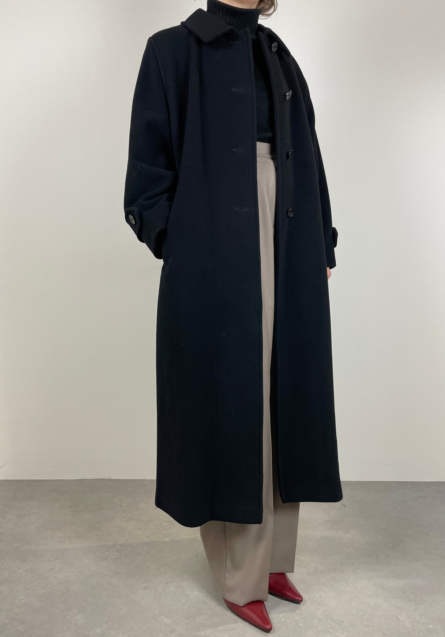 Long black wool coat with belt