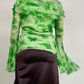 Top vintage in seta tie-dye con balze e maniche a campana
