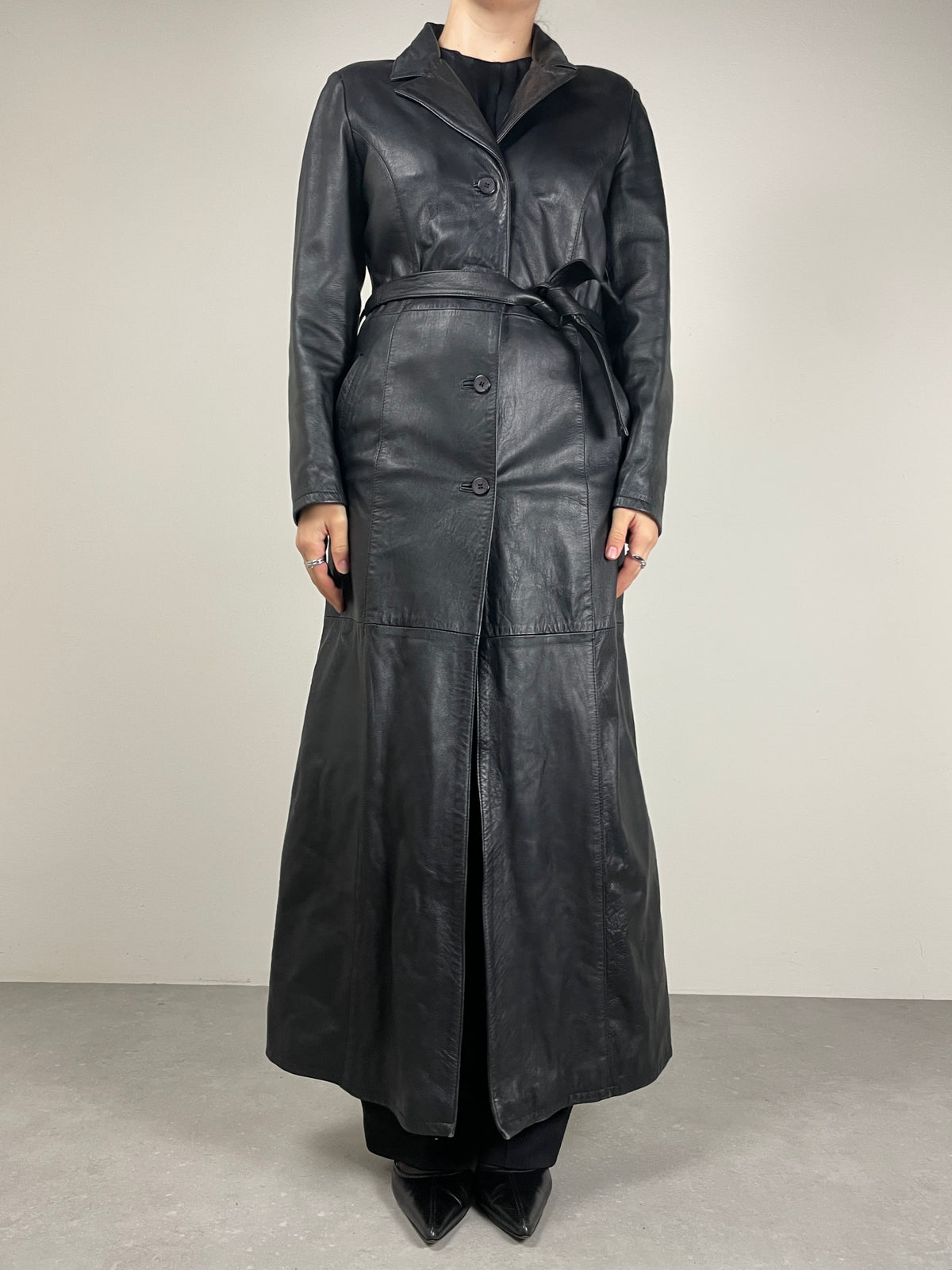 Trench lungo in vera pelle nero