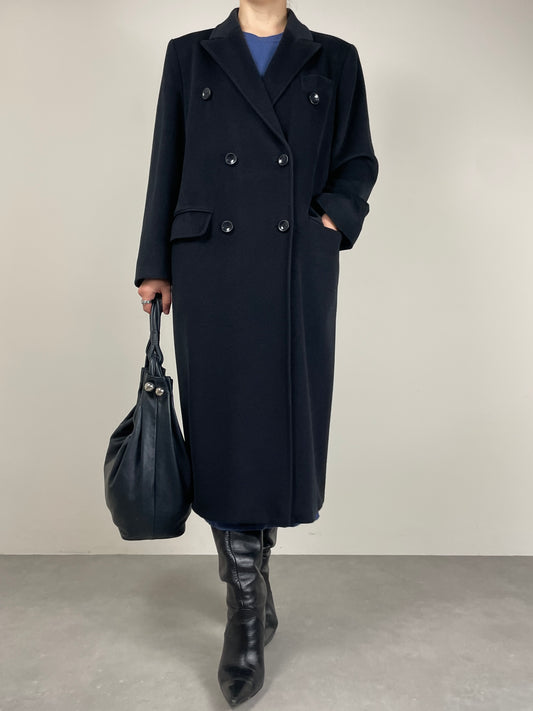 Cappotto a doppiopetto in lana, cashmere e ancora blu scuro