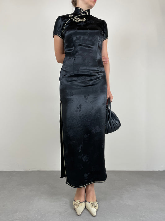 Qipao lungo in jacquard di viscosa nero