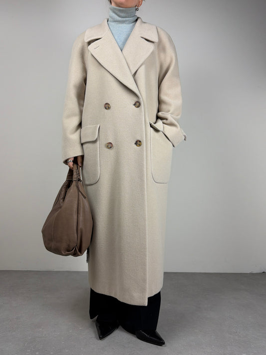 Cappotto lungo panna in lana, angora e cashgora