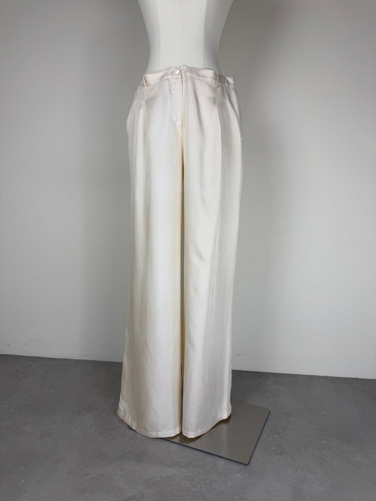 Pantaloni a palazzo in pura seta color latte
