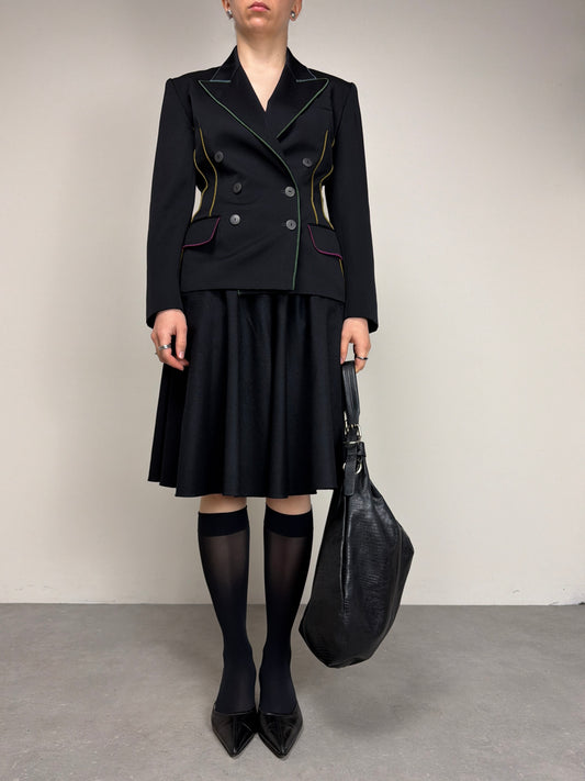 Blazer vintage in lana nera con cuciture a vista colorate