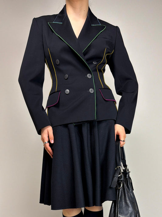 Blazer vintage in lana nera con cuciture a vista colorate