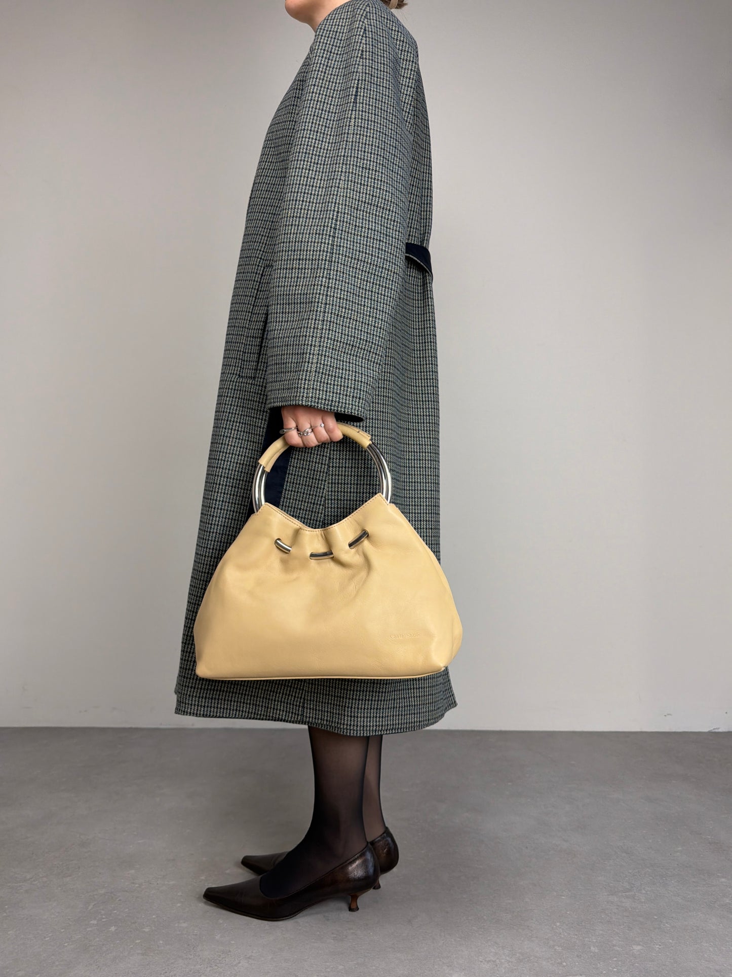 Trench vintage double-face da un lato blu e dall'altro a fantasia pied de poule