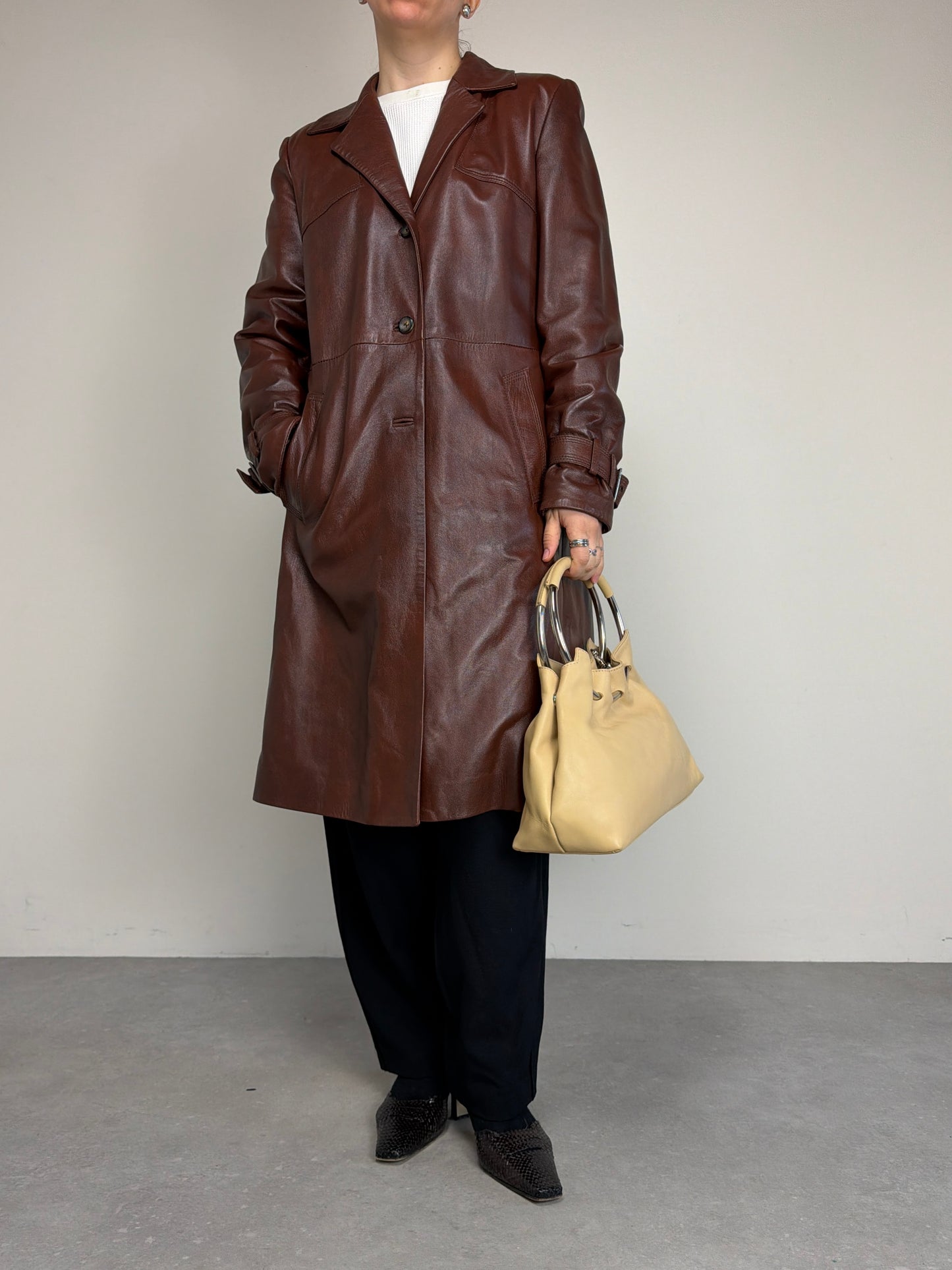 Trench vintage in vera pelle marrone