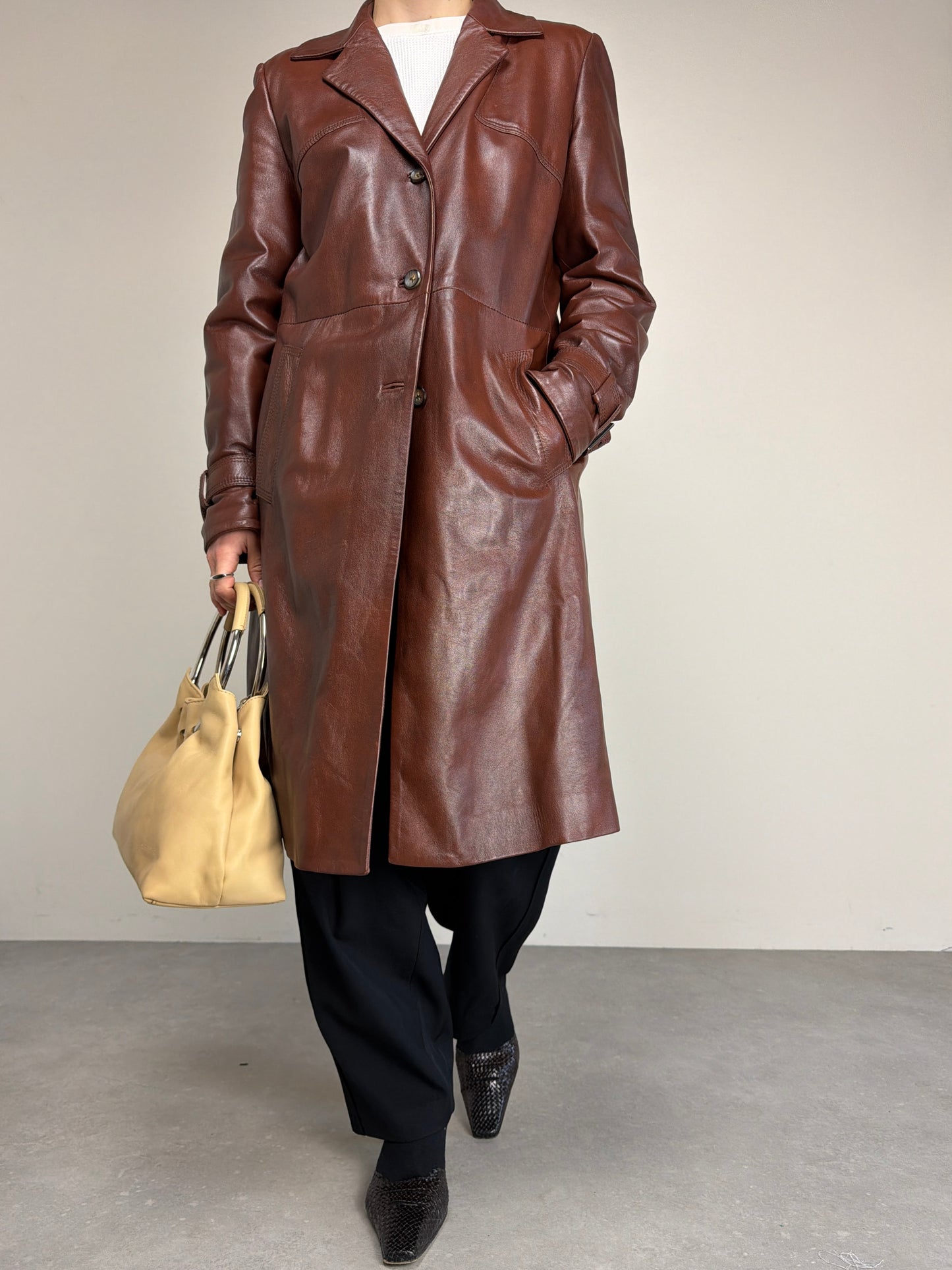 Trench vintage in vera pelle marrone