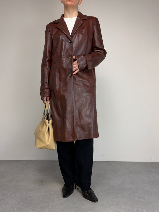 Trench vintage in vera pelle marrone