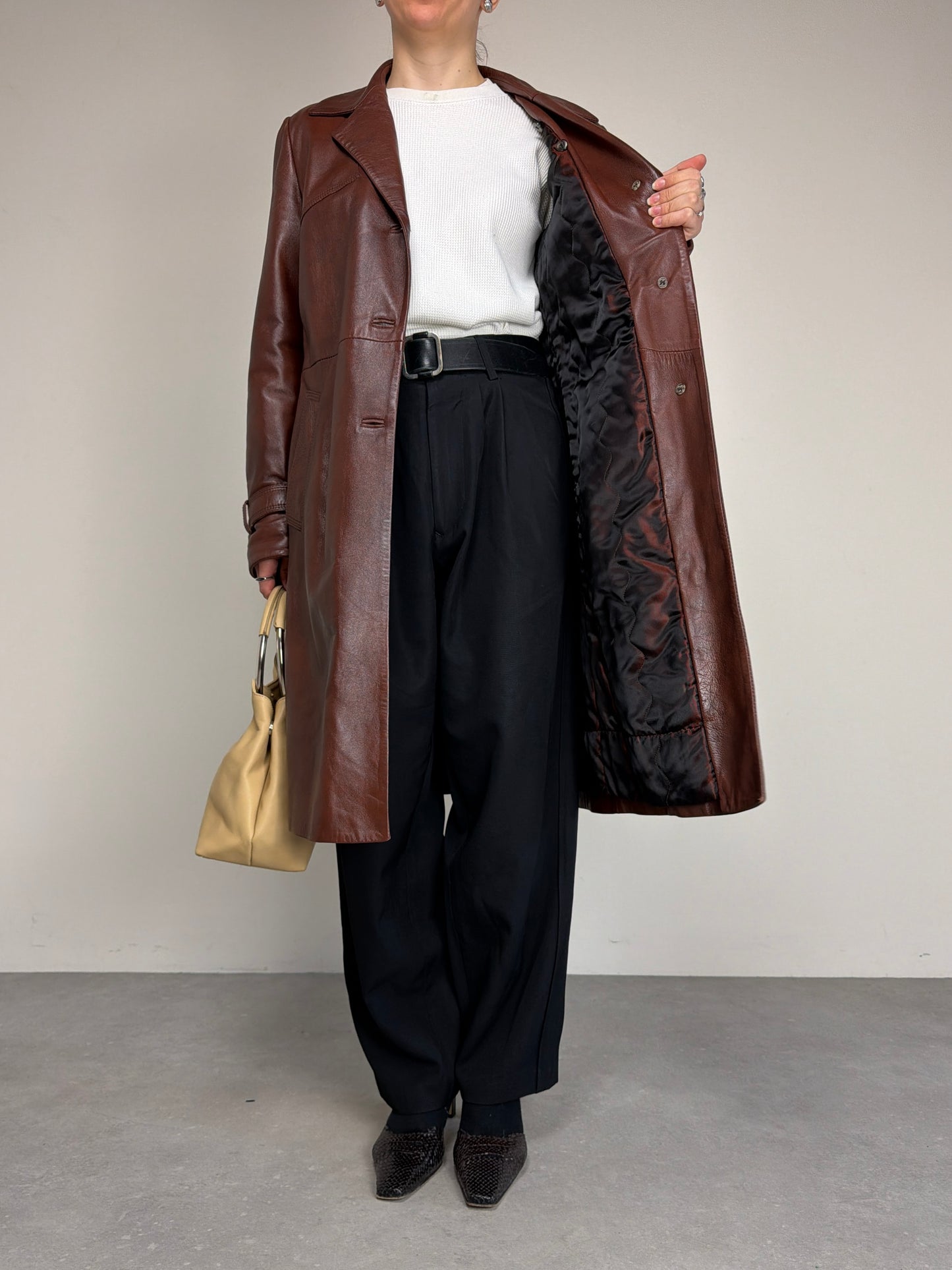 Trench vintage in vera pelle marrone