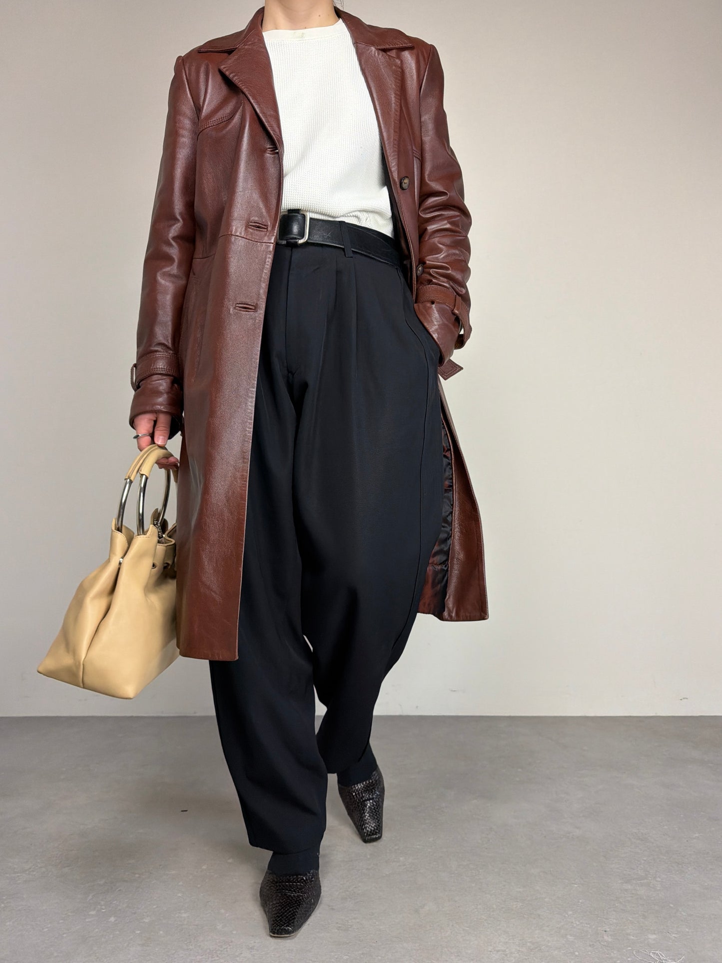 Trench vintage in vera pelle marrone