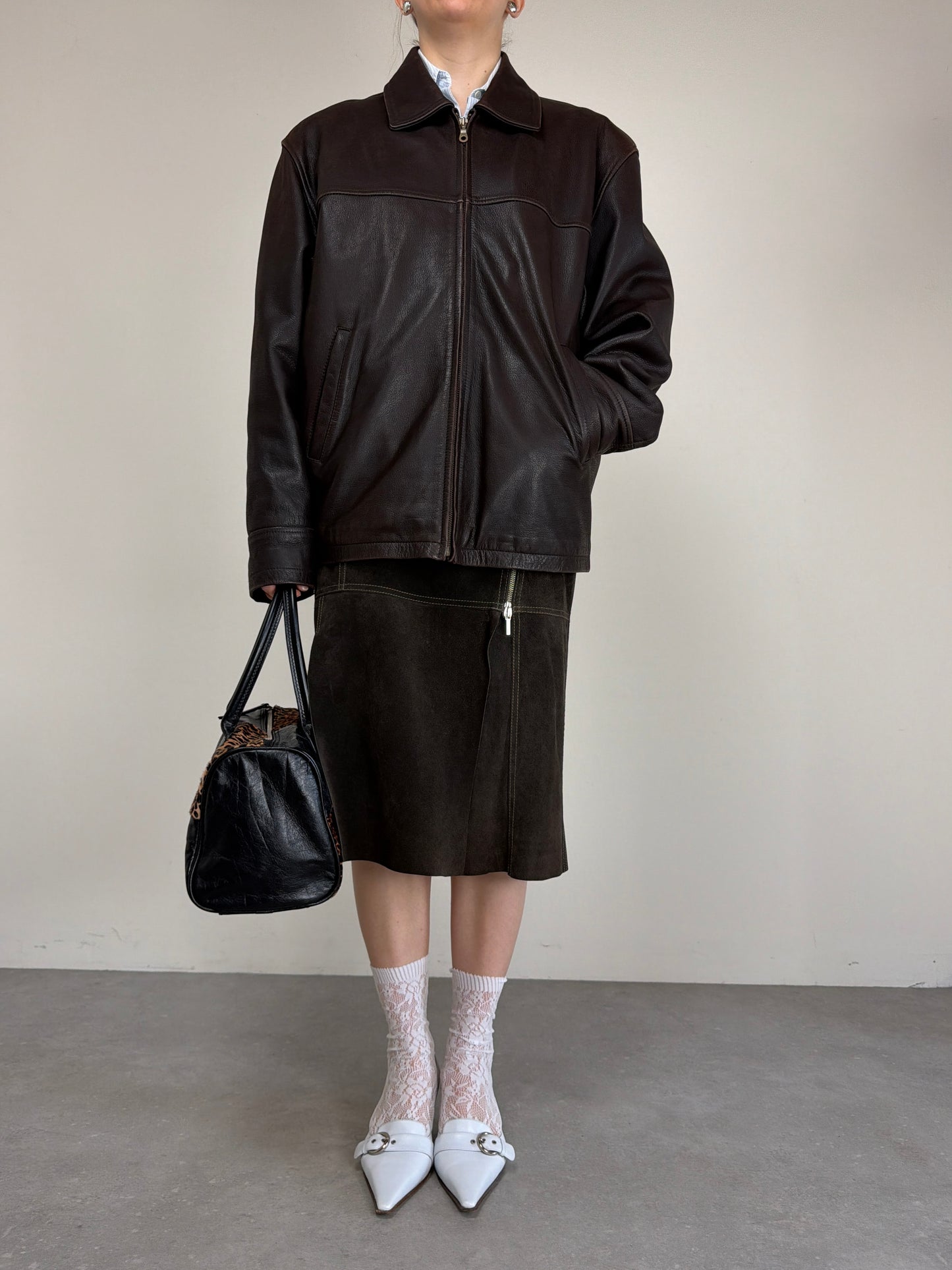 Giacca over in vera pelle marrone