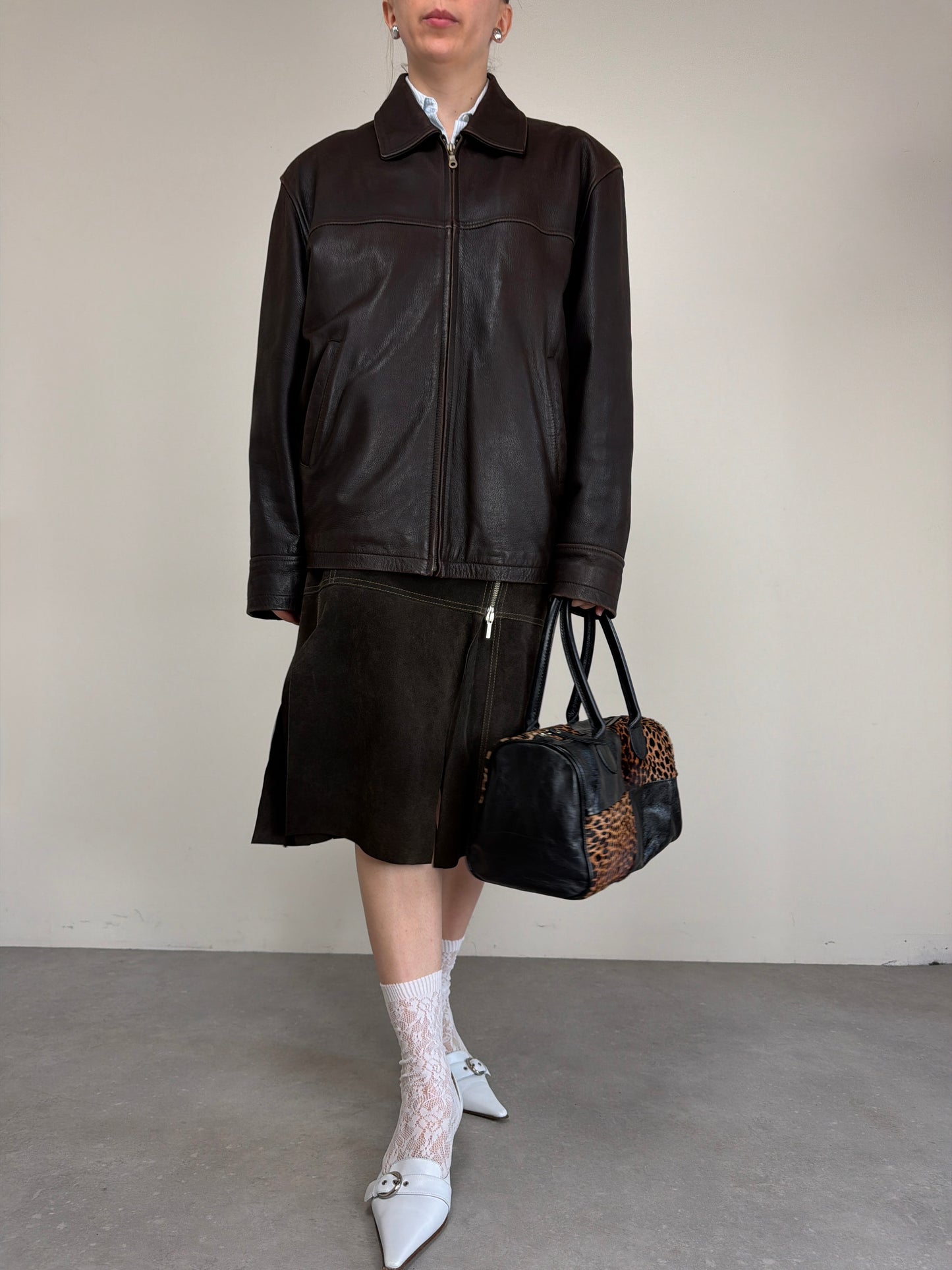 Giacca over in vera pelle marrone