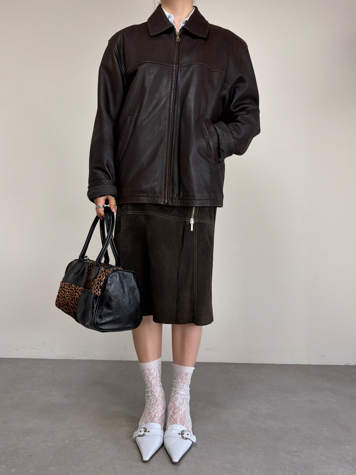 Giacca over in vera pelle marrone
