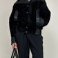 Bomber vintage in camoscio nero con inserti in pelle grigia
