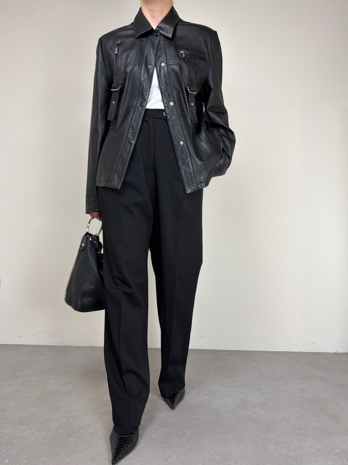 Giacca a camicia in vera pelle nera
