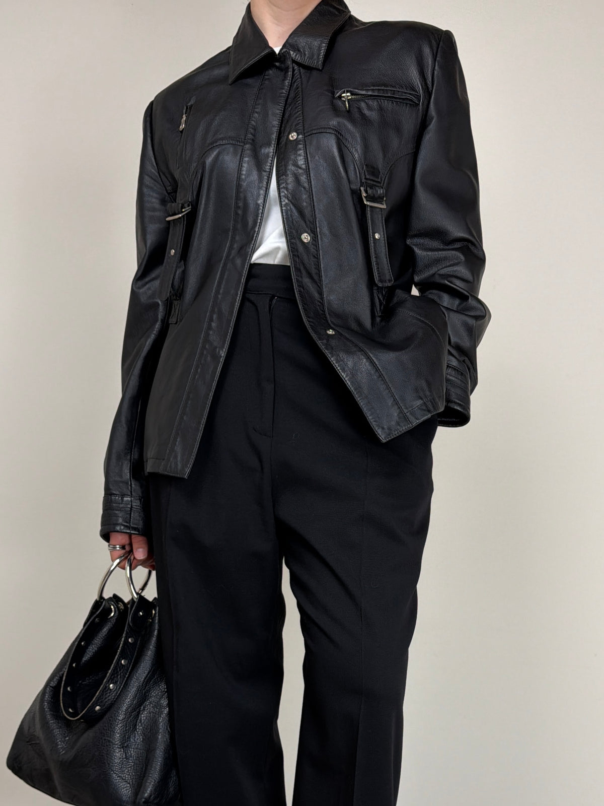 Giacca a camicia in vera pelle nera
