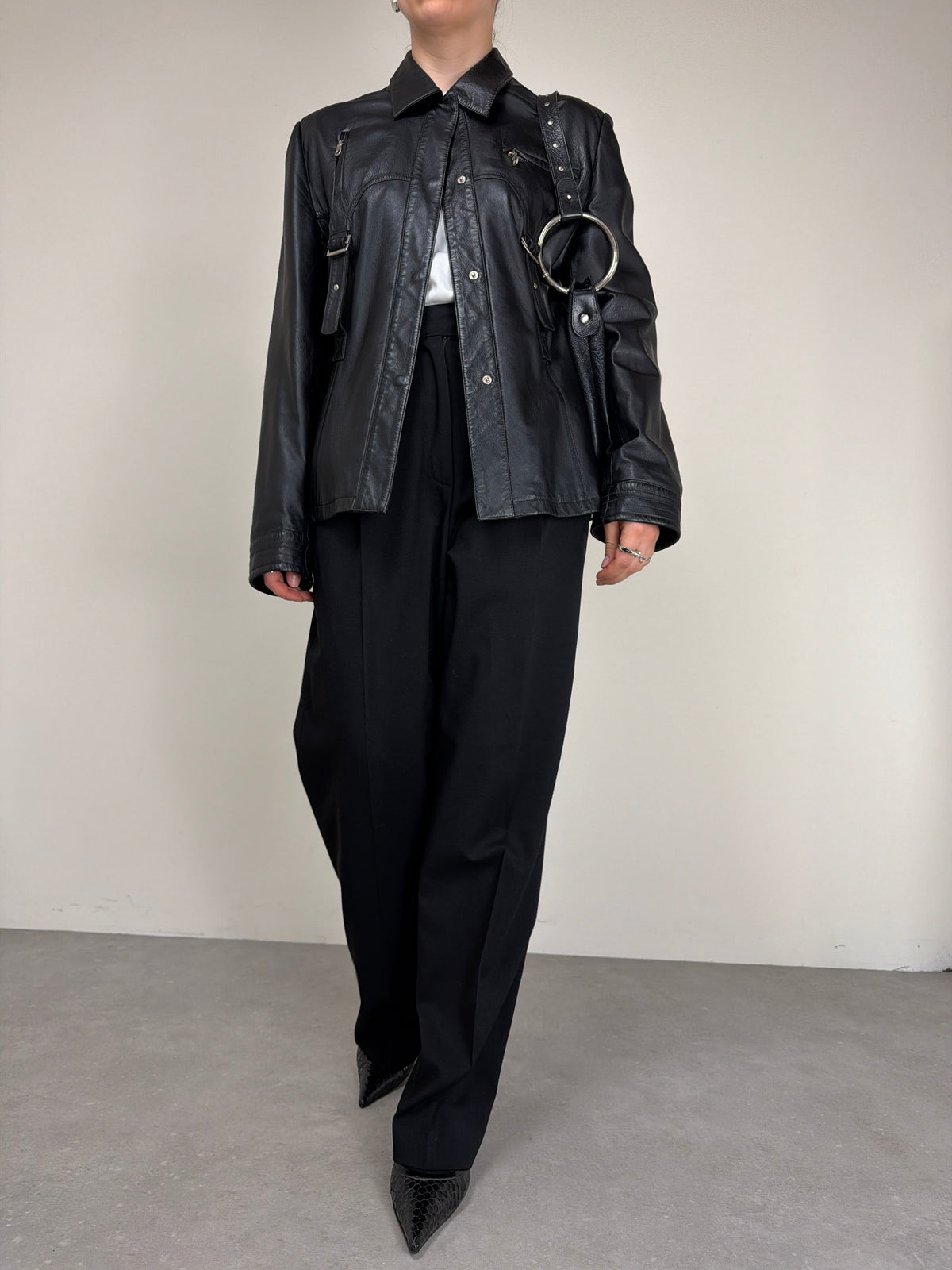 Giacca a camicia in vera pelle nera