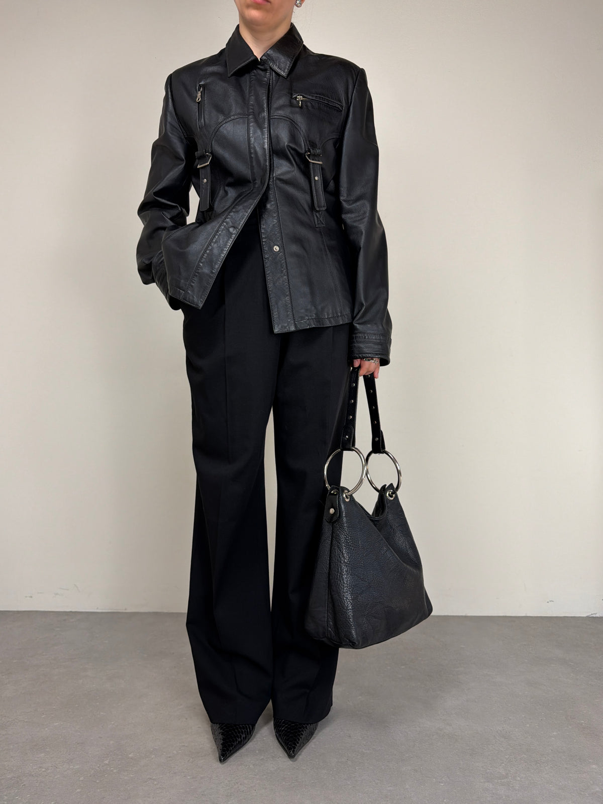 Giacca a camicia in vera pelle nera