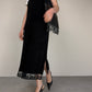 Slip dress vintage in camoscio nero con pizzo