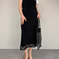 Slip dress vintage in camoscio nero con pizzo
