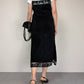 Slip dress vintage in camoscio nero con pizzo