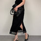 Slip dress vintage in camoscio nero con pizzo