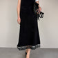 Slip dress vintage in camoscio nero con pizzo