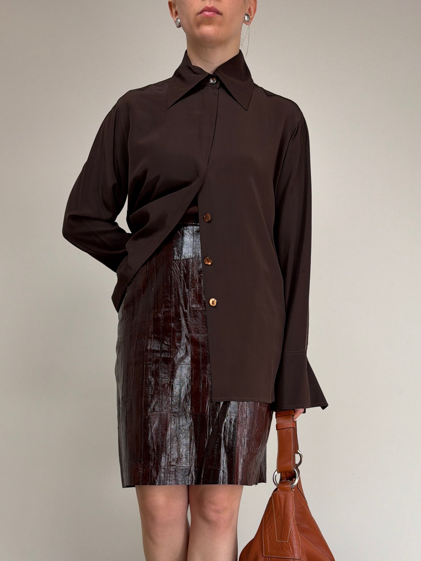 Camicia in 100% seta color cioccolato