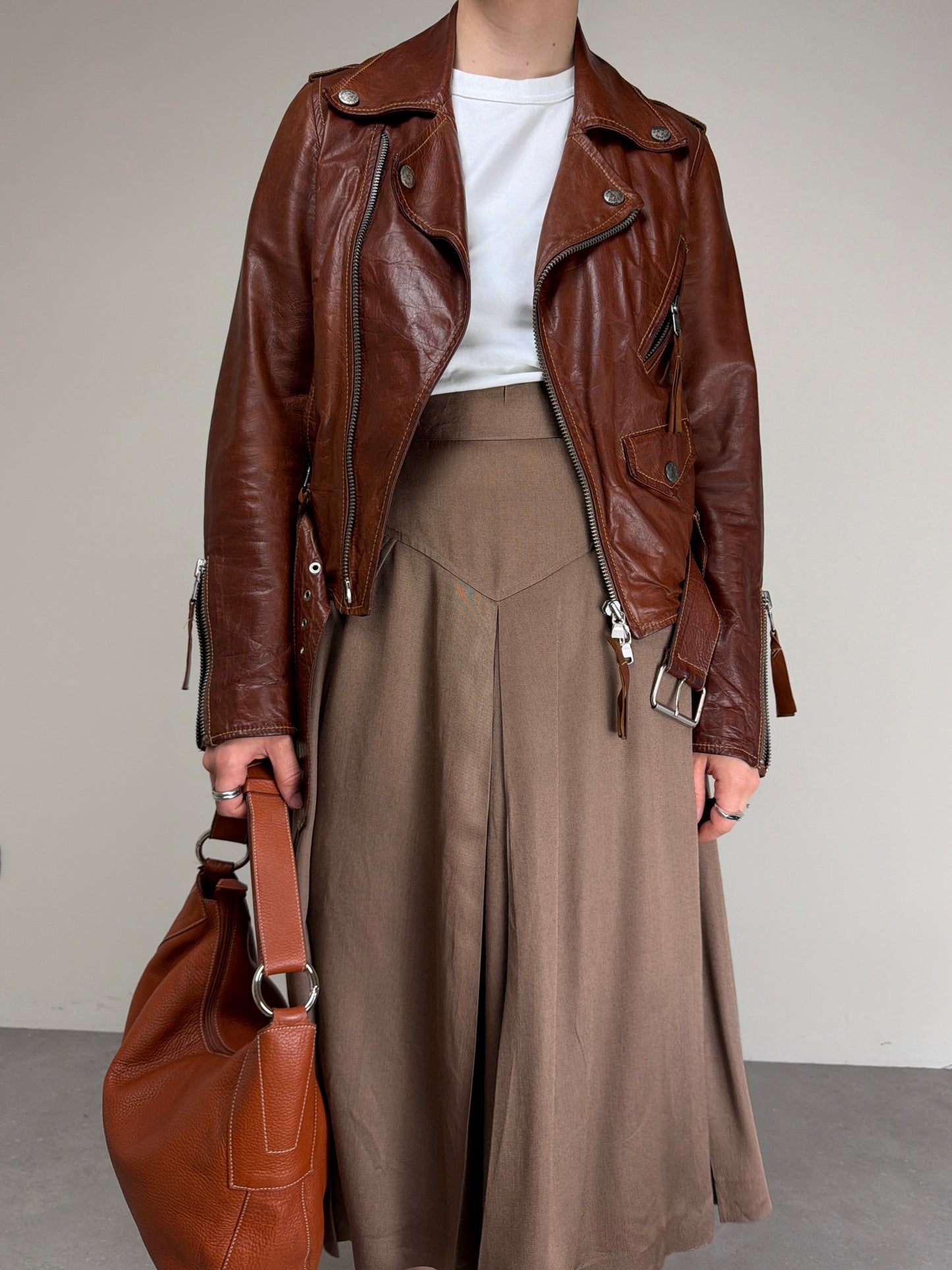 Chiodo in vera pelle marrone cognac