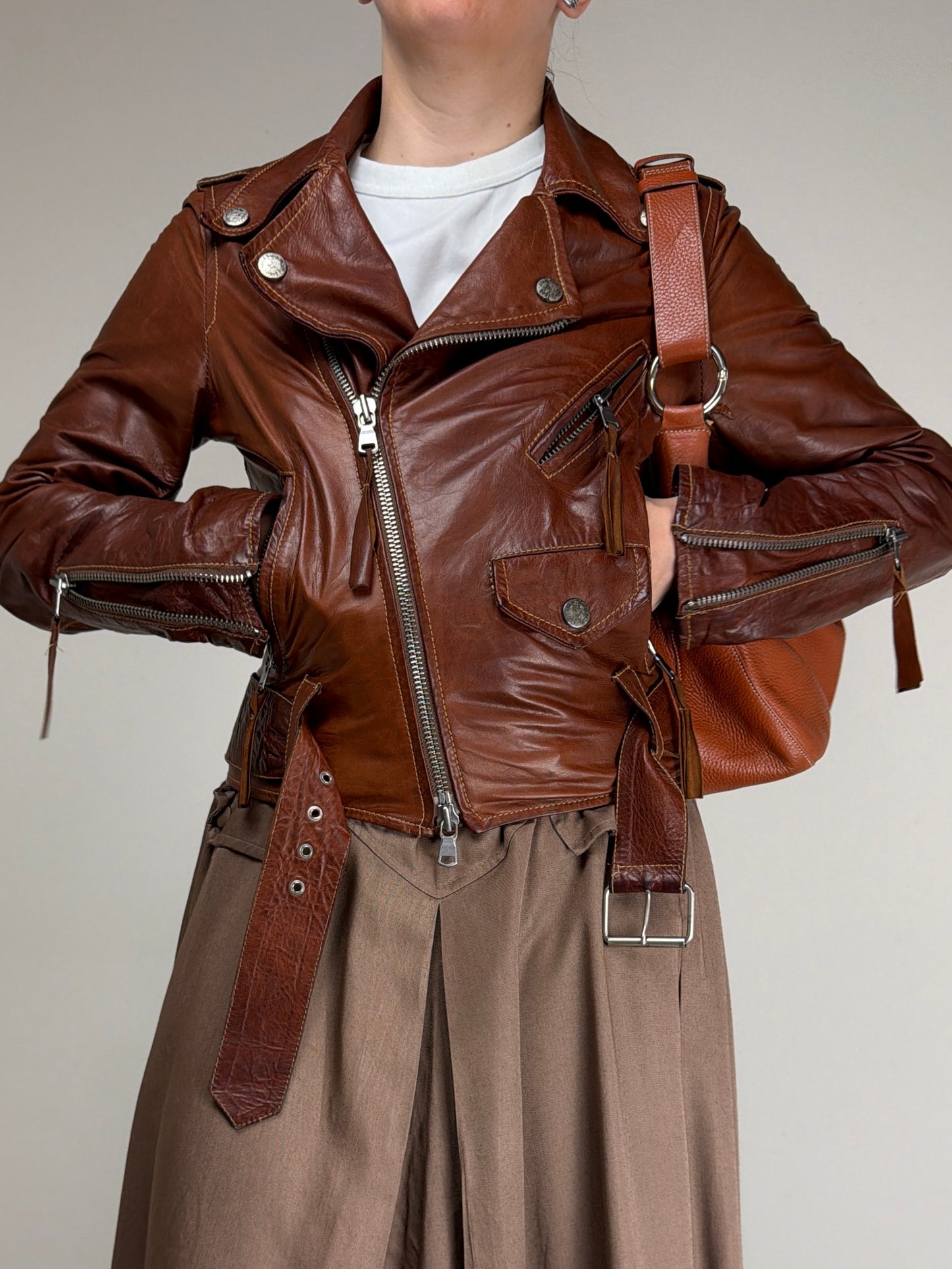 Chiodo in vera pelle marrone cognac