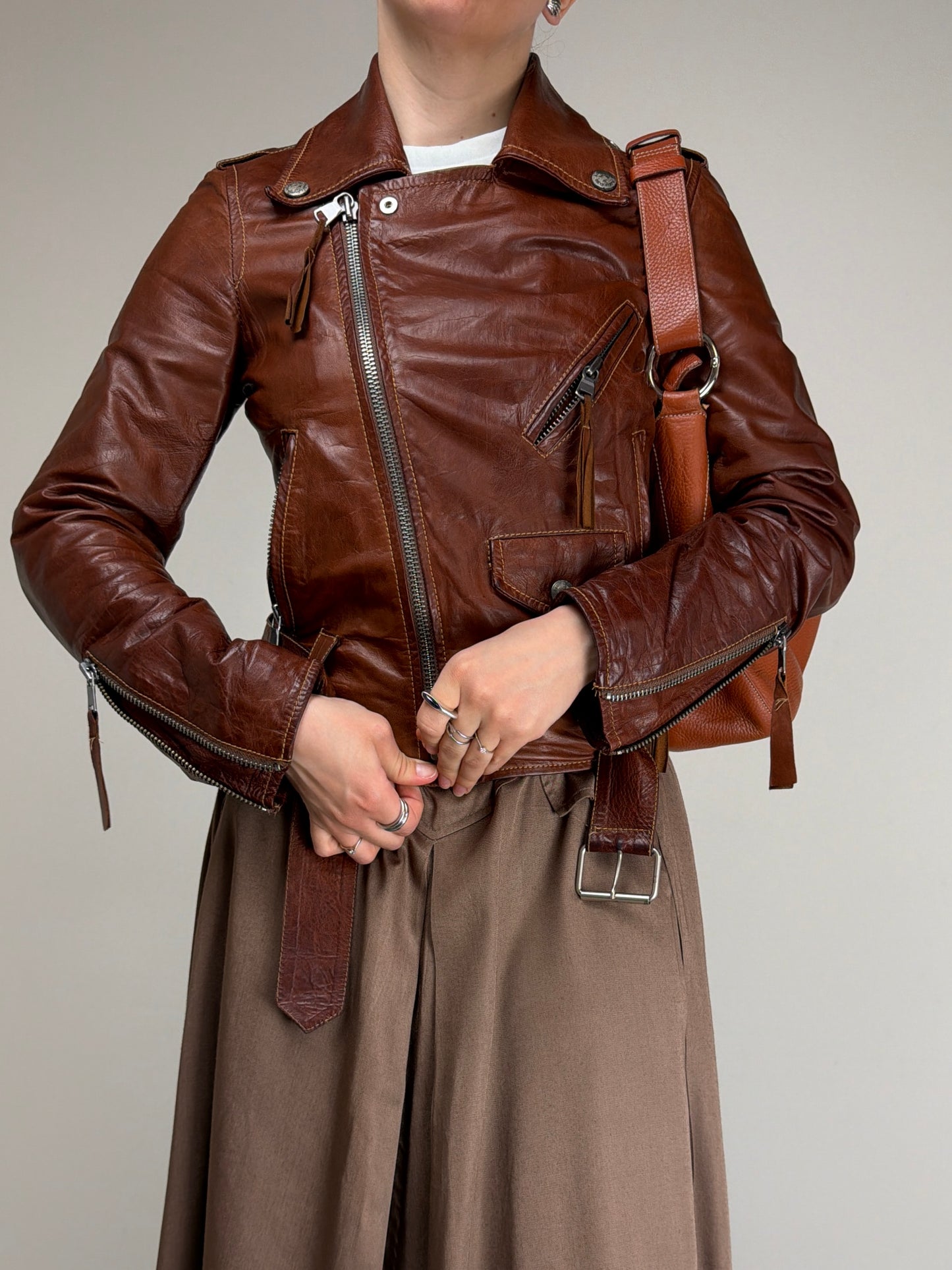 Chiodo in vera pelle marrone cognac