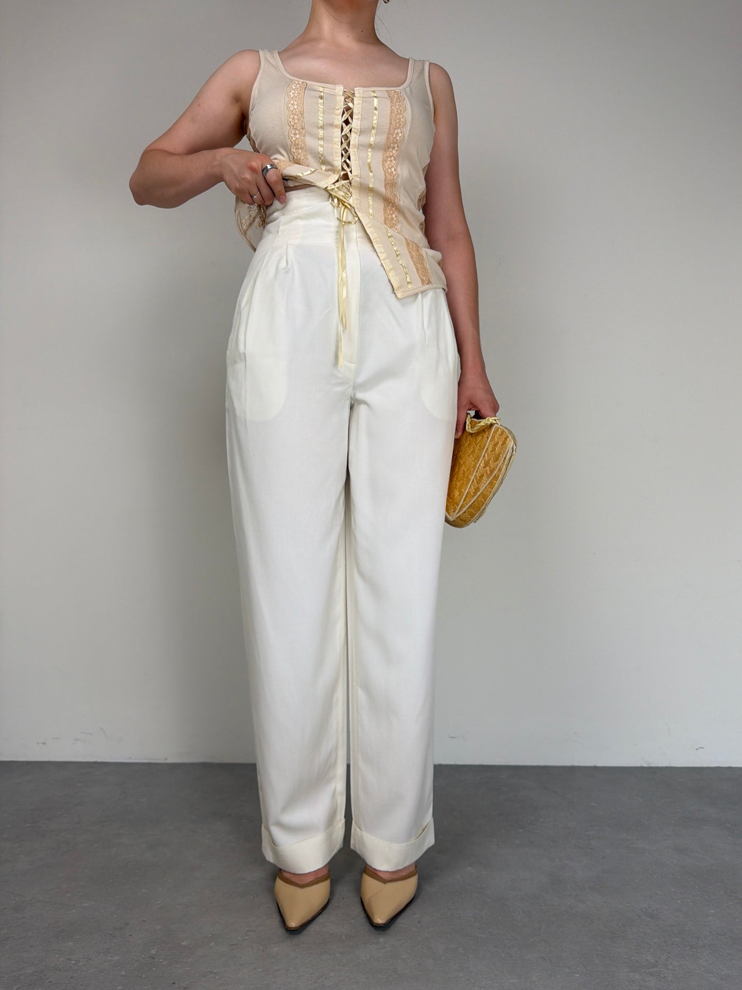 Pantalone vintage bianco latte in viscosa e seta