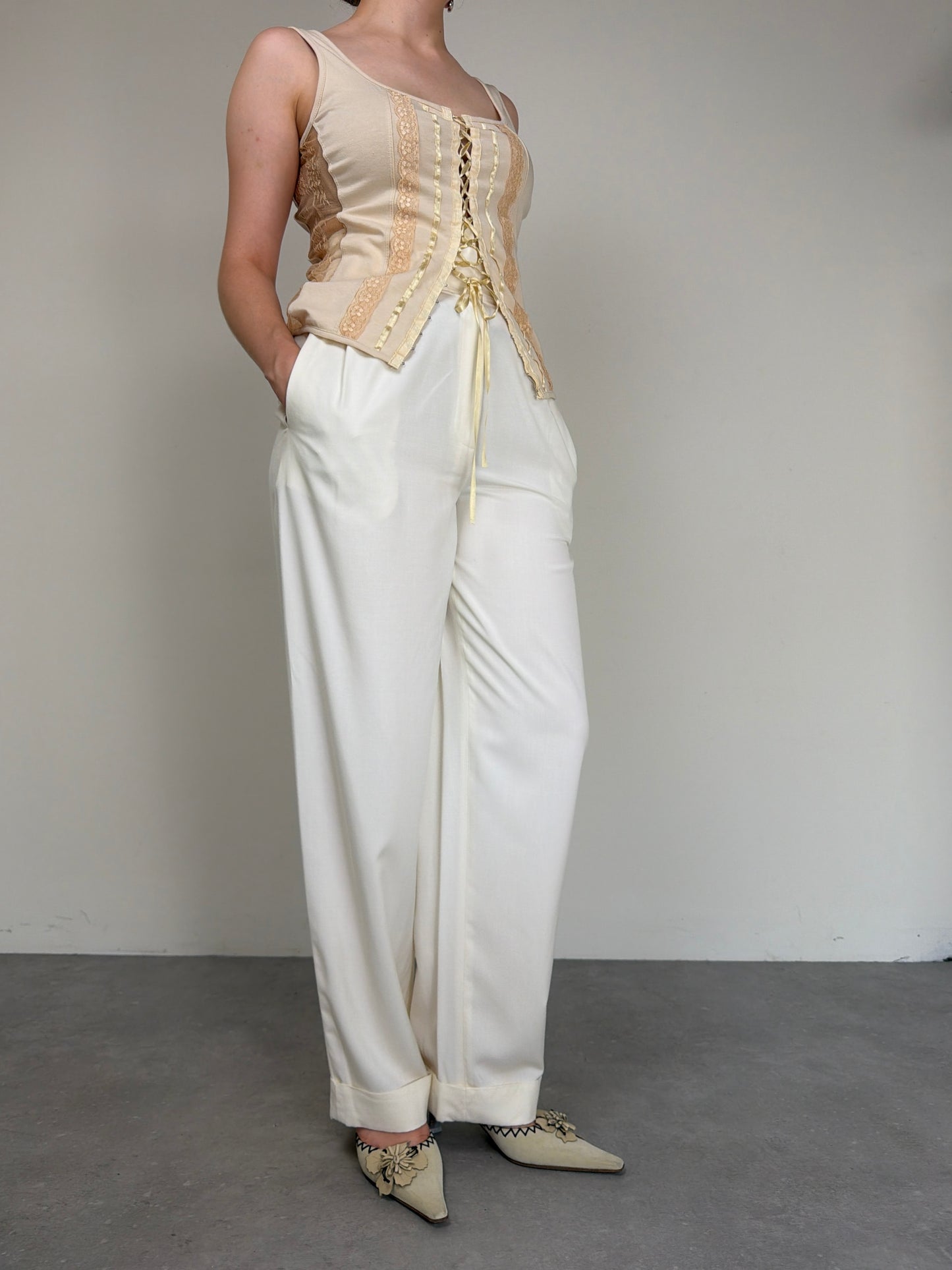 Pantalone vintage bianco latte in viscosa e seta