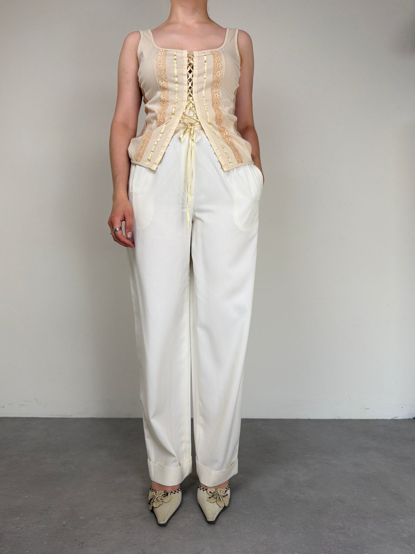 Pantalone vintage bianco latte in viscosa e seta