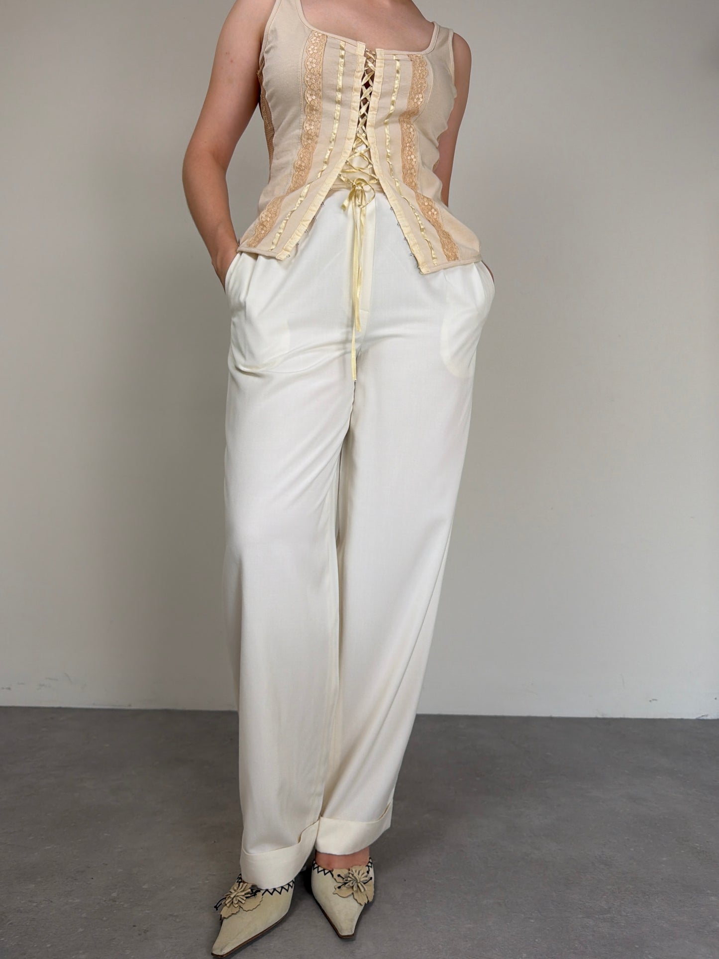 Pantalone vintage bianco latte in viscosa e seta