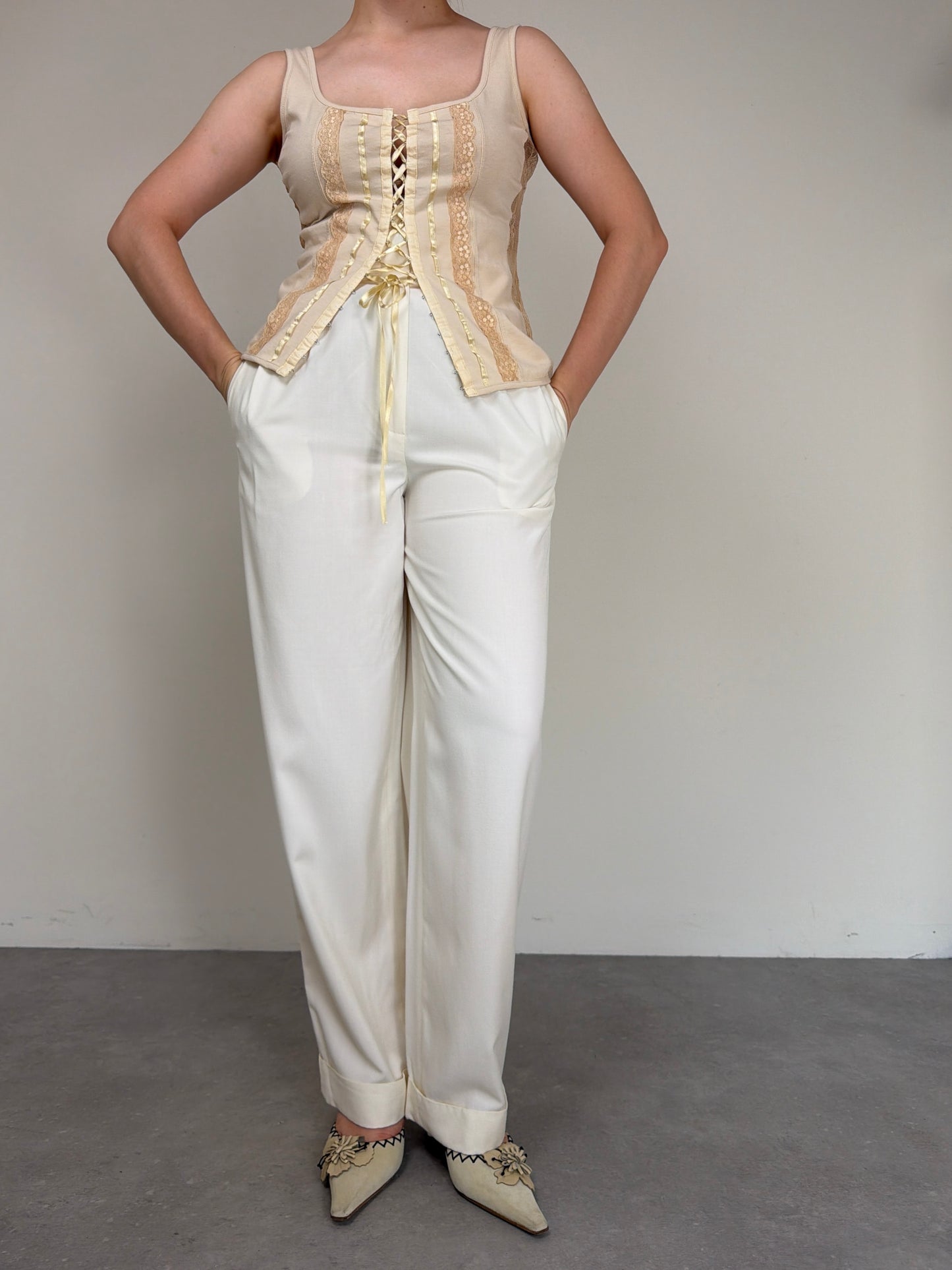 Pantalone vintage bianco latte in viscosa e seta