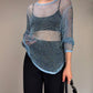 Maglia vintage a rete crochet azzurra con perline cangianti