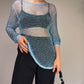 Maglia vintage a rete crochet azzurra con perline cangianti