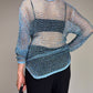 Maglia vintage a rete crochet azzurra con perline cangianti