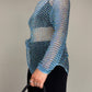 Maglia vintage a rete crochet azzurra con perline cangianti