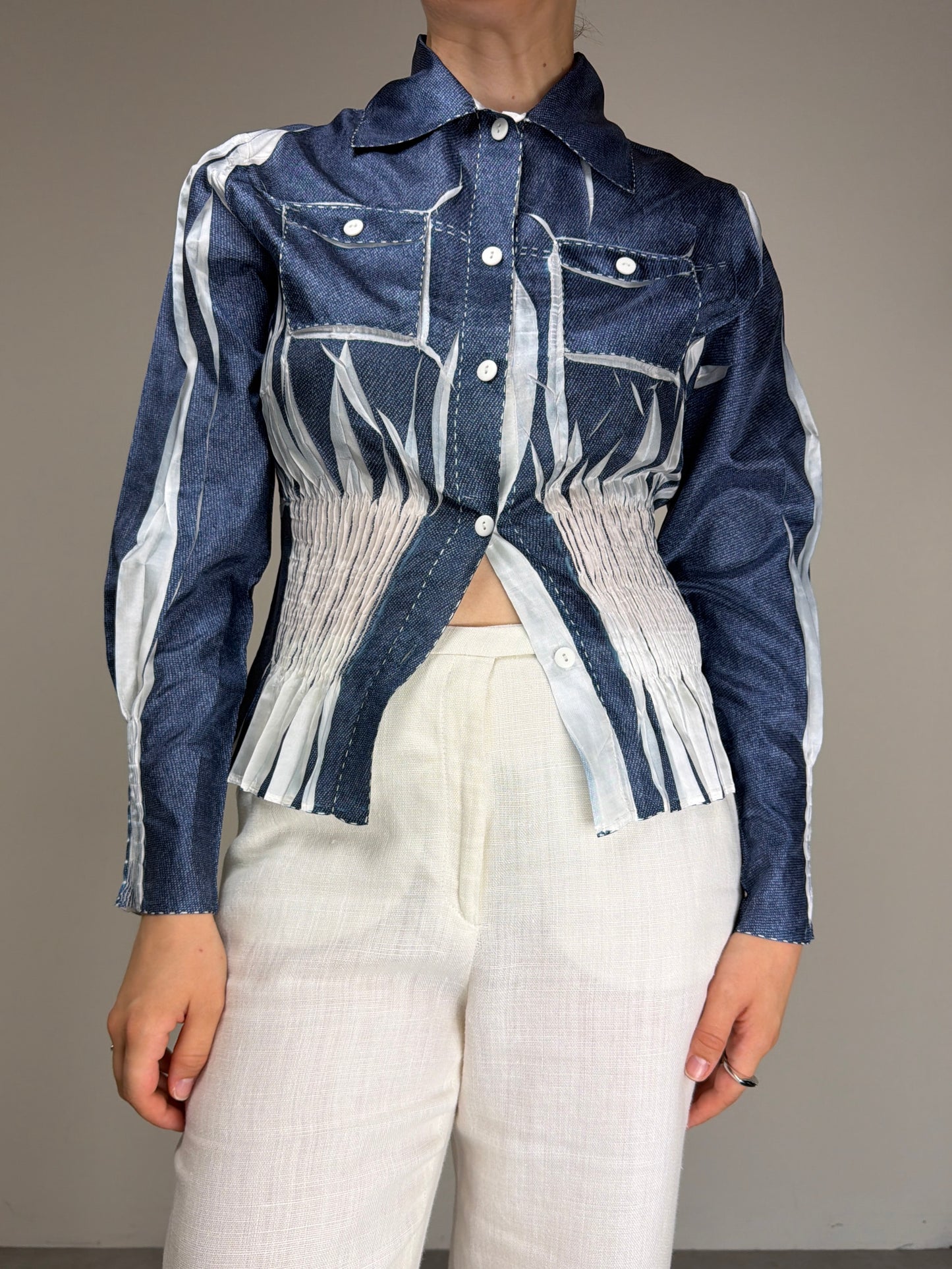 Camicetta vintage stampa denim effetto crinkle