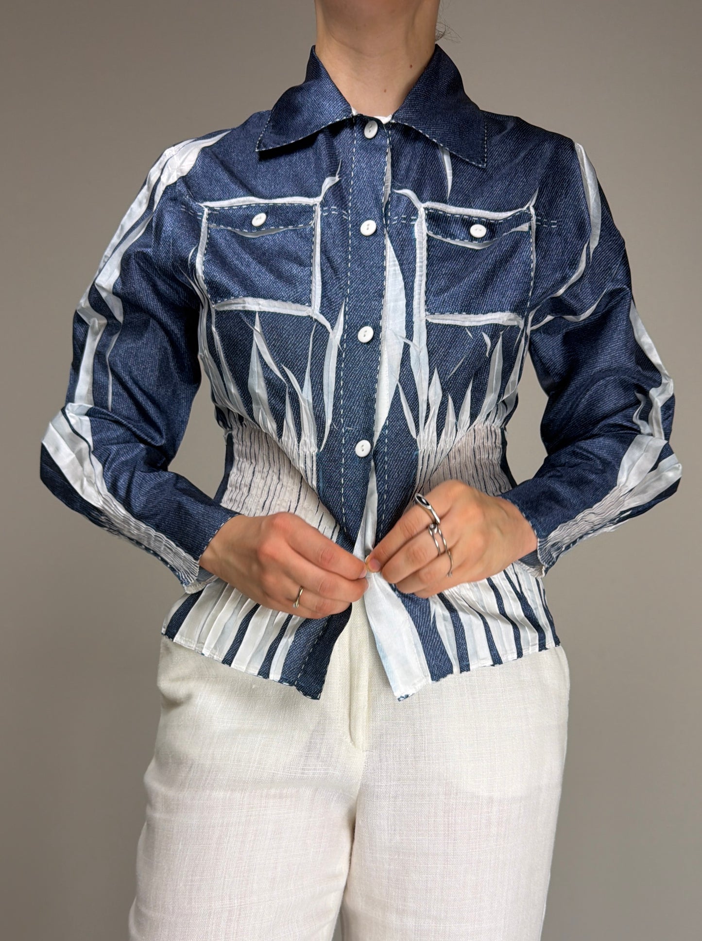 Camicetta vintage stampa denim effetto crinkle
