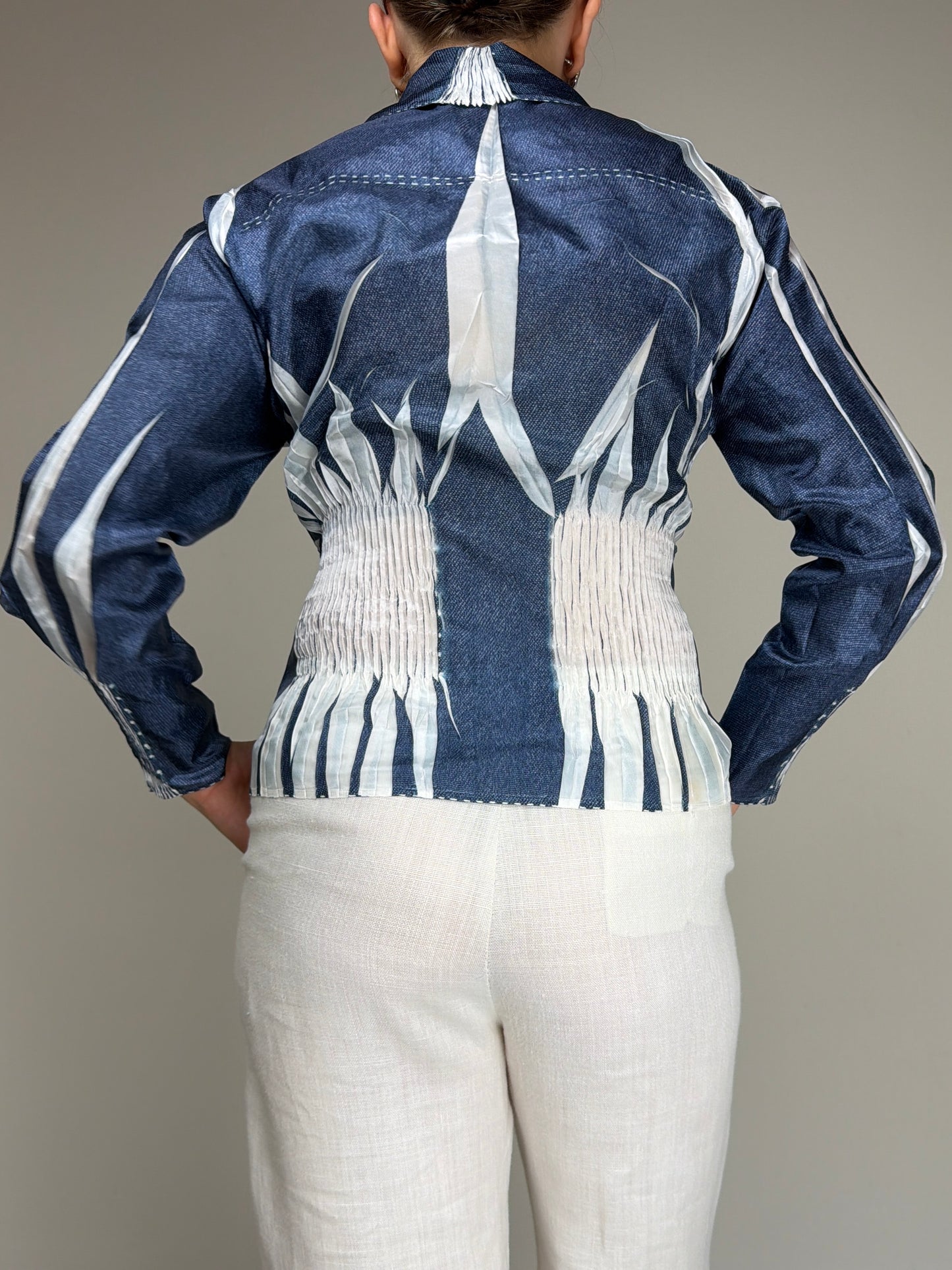 Camicetta vintage stampa denim effetto crinkle